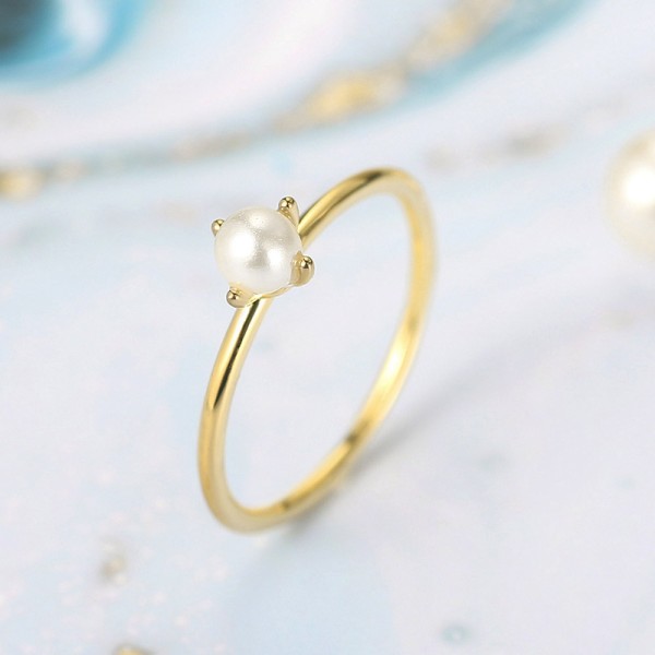 Mini Pearl Thin Ring for Women Light Yellow Gold Minimalist Jewelry