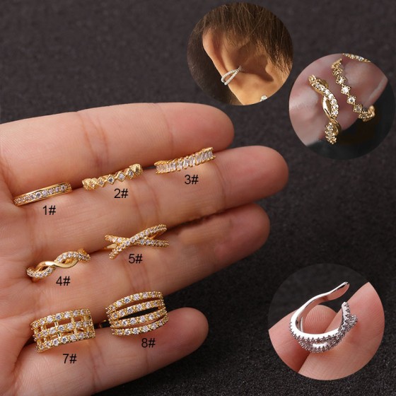Fake Piercing Cartilage Ear Clip with Micro-Set Zircon, Silver Color