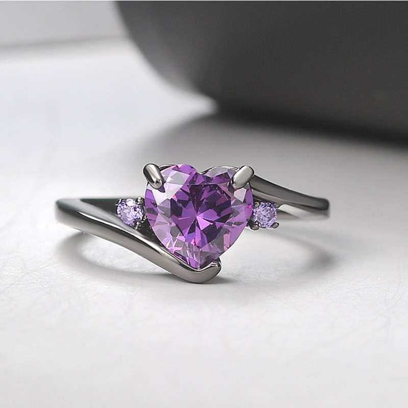 Purple Zircon Heart Ring in Black Gold for Women