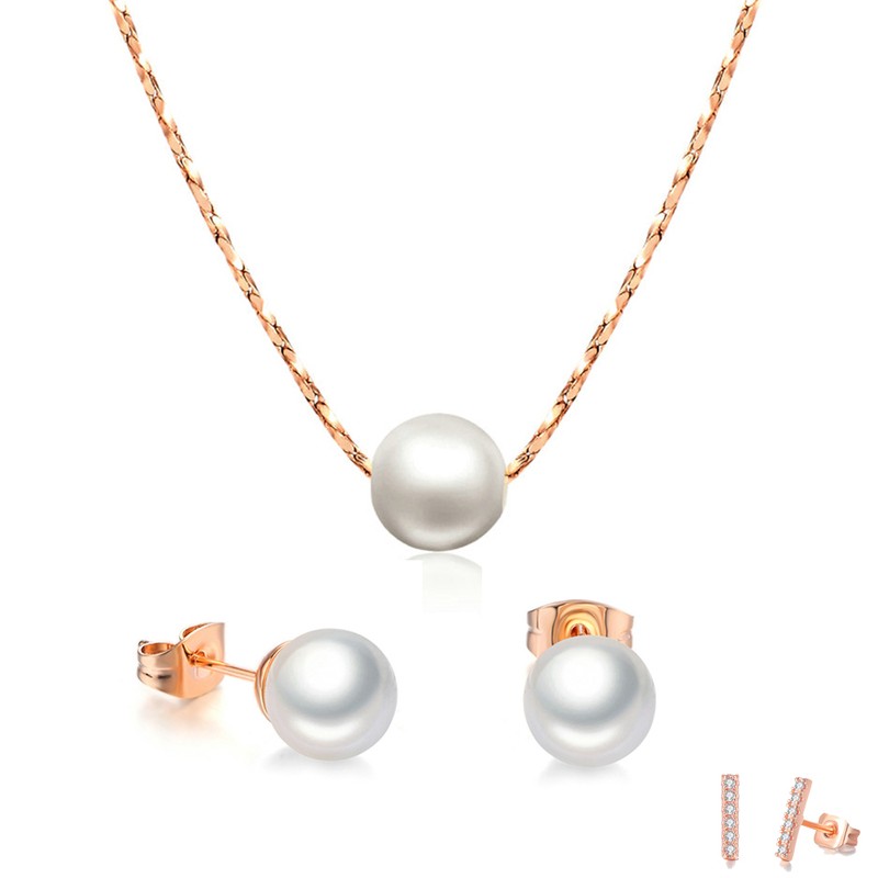 Rose Gold Imitation Pearl Necklace and Earring Set for Women