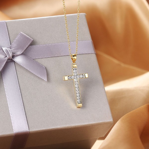 Light Gold Zircon Cross Pendant Necklace for Women