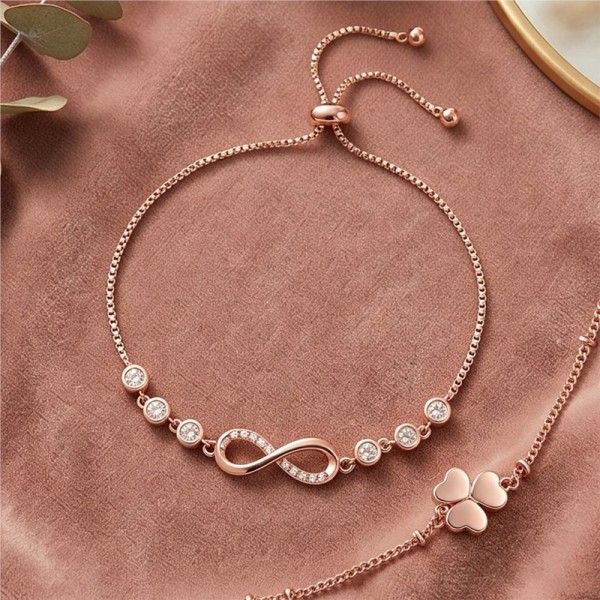 Adjustable Rose Gold Infinity Bracelet with Shiny Zirconia for Women