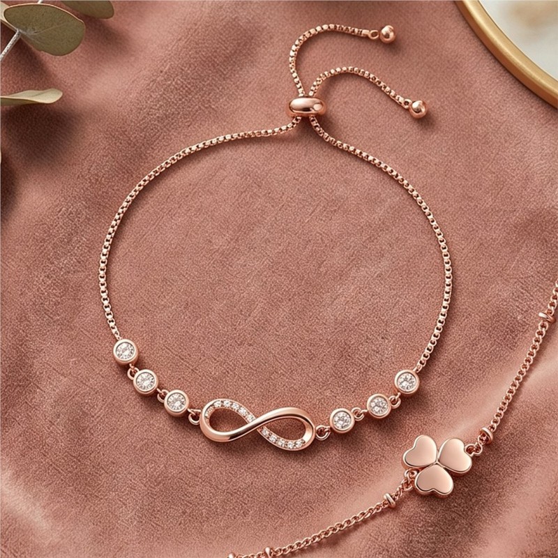 Adjustable Rose Gold Infinity Bracelet with Shiny Zirconia for Women
