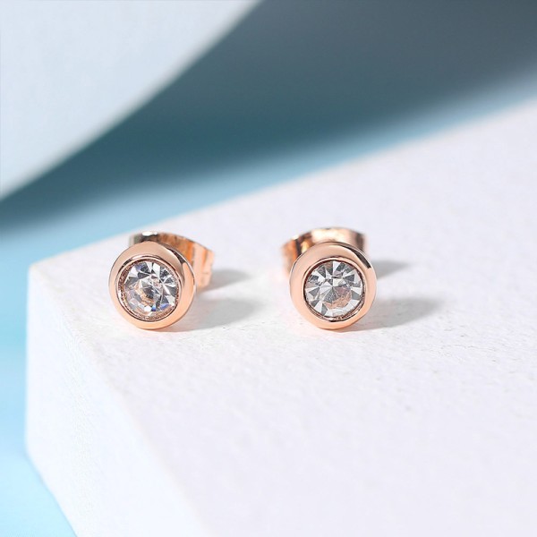 Simple Round Stud Earrings with Austrian Crystal in Rose Gold
