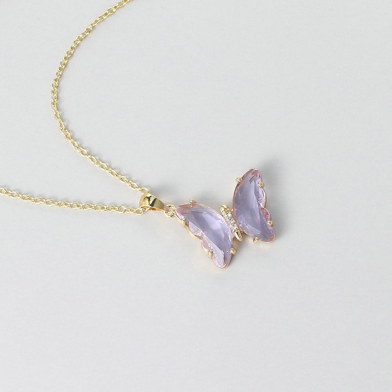 Butterfly Necklace for Women Pink Purple Crystal Pendant Choker