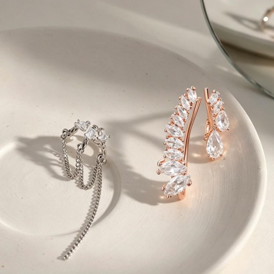 Silver Heart Tassel Ear Cuff with Zircon, No Piercing Cartilage Clip Earring