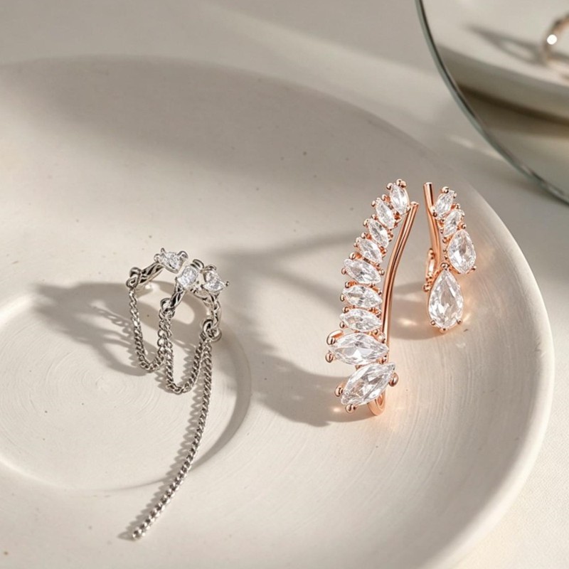 Silver Heart Tassel Ear Cuff with Zircon, No Piercing Cartilage Clip Earring