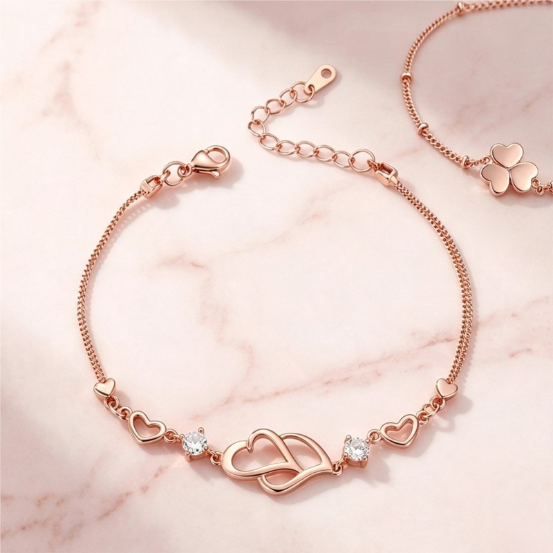 Rose Gold Double Heart Bracelet with Cubic Zirconia for Women