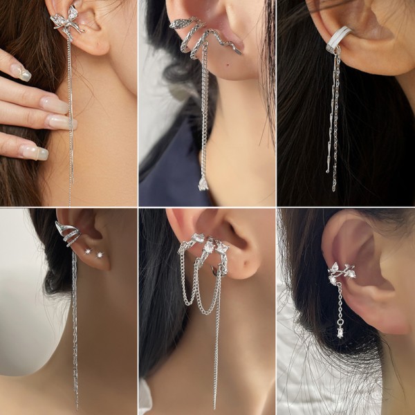 Fake Piercing Ear Cuff with Snake Butterfly Tassel Chain