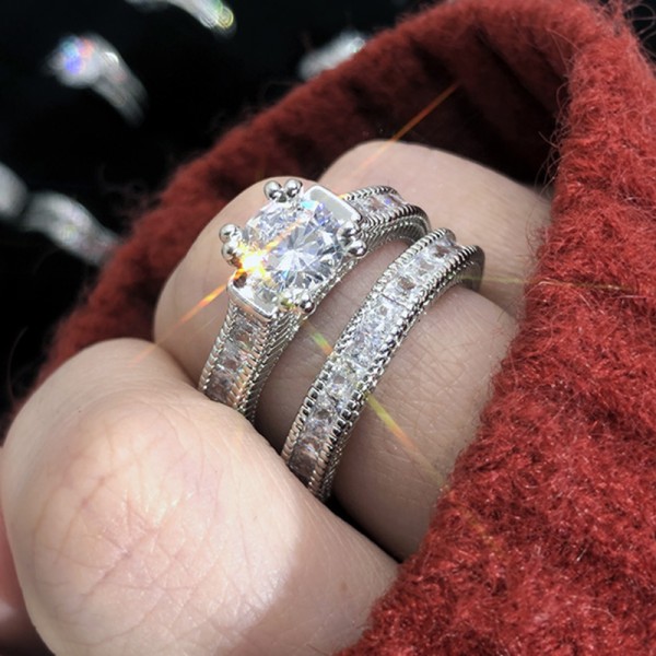 Shiny Silver Cubic Zirconia Ring Set for Women Wedding Engagement