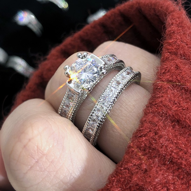 Shiny Silver Cubic Zirconia Ring Set for Women Wedding Engagement