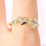 Adjustable Crystal Flower Ring for Women – Gold Tone Dainty Moissanite Style Jewelry