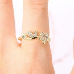 Adjustable Crystal Flower Ring for Women – Gold Tone Dainty Moissanite Style Jewelry