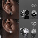 6mm Black Zircon Stud Earrings for Men and Women, Silver-Tone Hip Hop Piercing Jewelr
