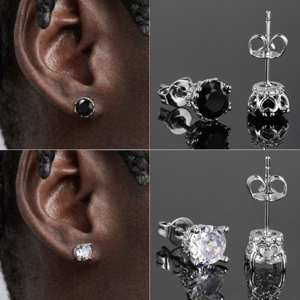 6mm Black Zircon Stud Earrings for Men and Women, Silver-Tone Hip Hop Piercing Jewelr