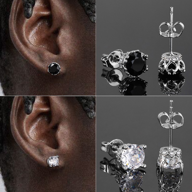 6mm Black Zircon Stud Earrings for Men and Women, Silver-Tone Hip Hop Piercing Jewelr