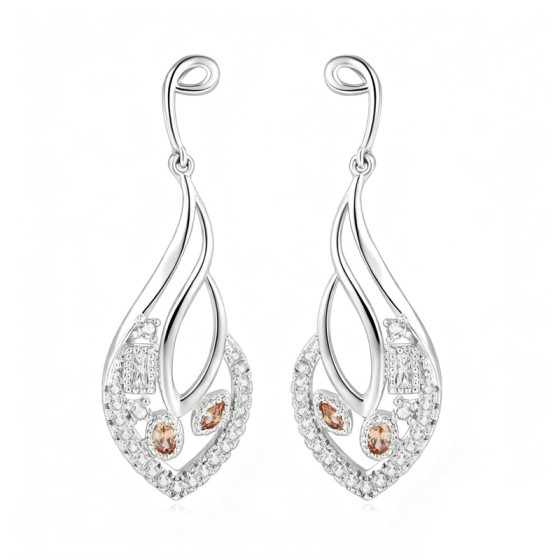 Vintage Leaf Drop Earrings with Orange Cubic Zircon for Women