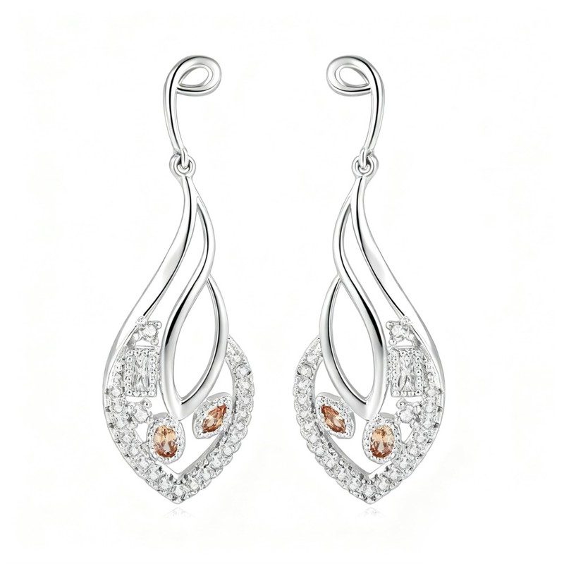 Vintage Leaf Drop Earrings with Orange Cubic Zircon for Women