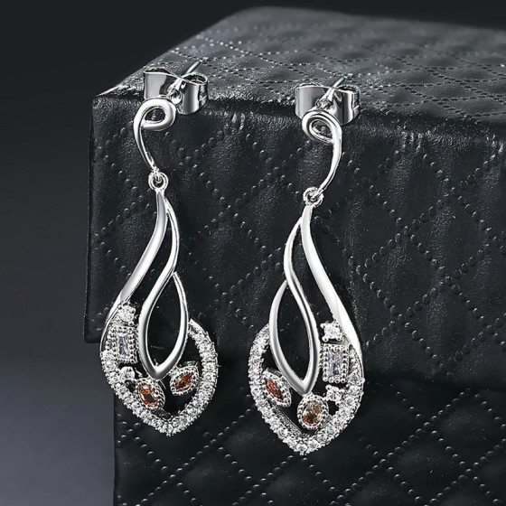 Vintage Leaf Drop Earrings with Orange Cubic Zircon for Women