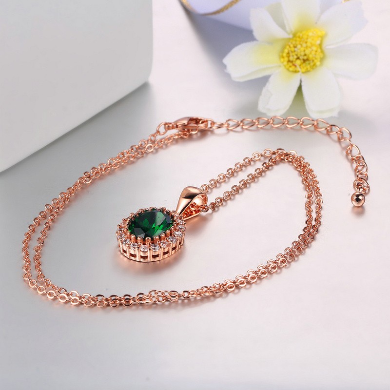 Rose Gold Green Crystal Pendant Necklace for Women