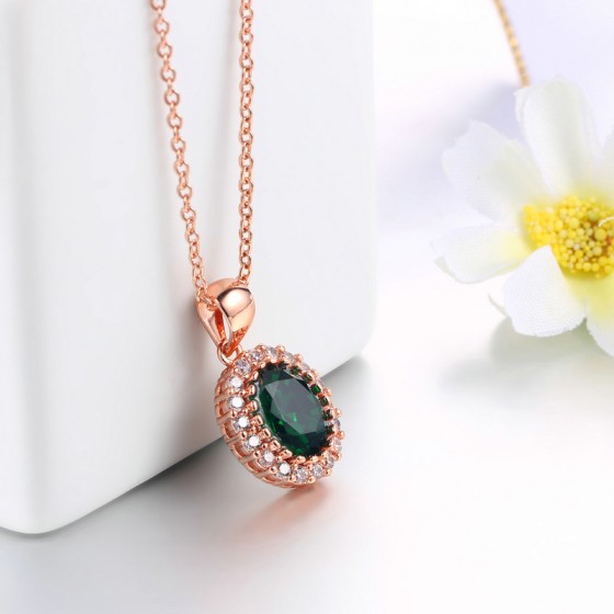 Rose Gold Green Crystal Pendant Necklace for Women