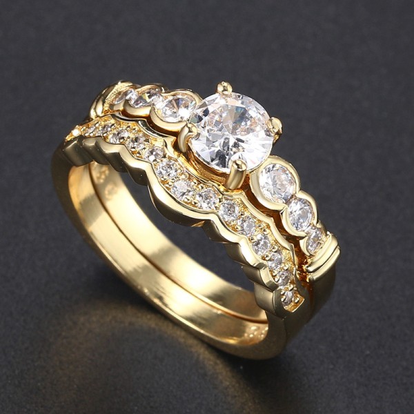 2-Piece Gold-Tone Ring Set with Round Cubic Zirconia Prong Setting