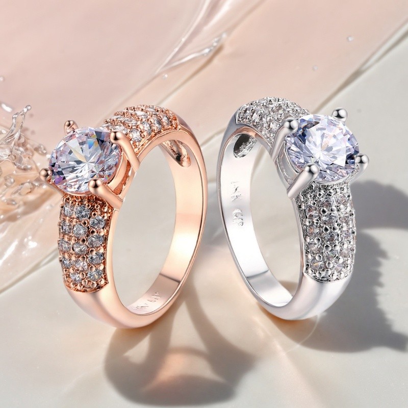 Multicolor Cubic Zirconia Crystal Ring for Women, Silver Tone 4-Claw Wedding Jewelry