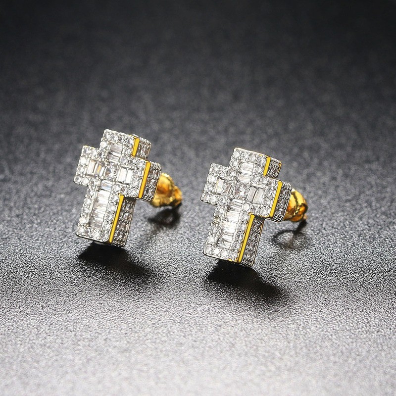 Iced Out Zirconia Cross Stud Earrings for Men and Women
