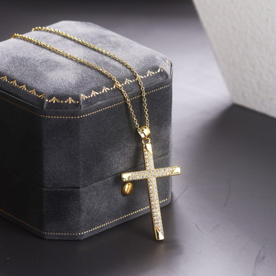 Classic Cross Pendant Necklace for Women with Zircon, Light Gold Choker Chain