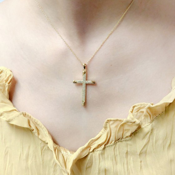 Classic Cross Pendant Necklace for Women with Zircon, Light Gold Choker Chain