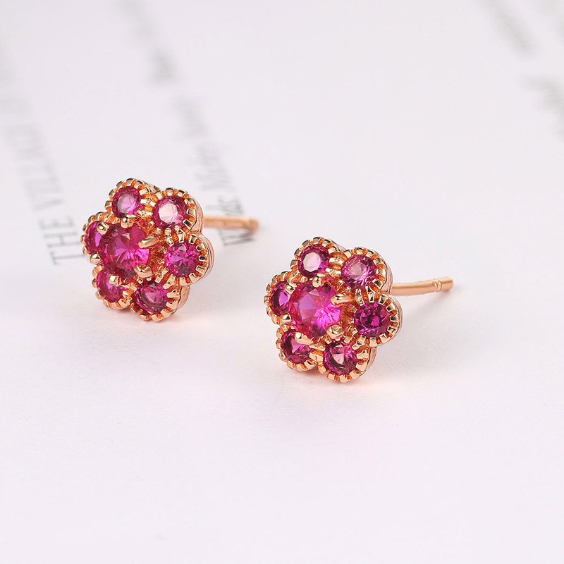 Crystal Flower Stud Earrings for Women with Red Zircon in Rose Gold