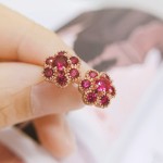 Crystal Flower Stud Earrings for Women with Red Zircon in Rose Gold