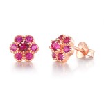 Crystal Flower Stud Earrings for Women with Red Zircon in Rose Gold