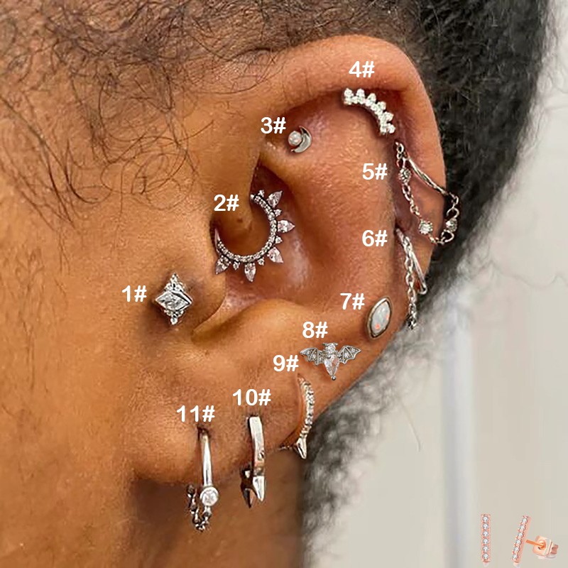 Helix Lobe Piercing Earring with Zircon Moon and Dangle Chain