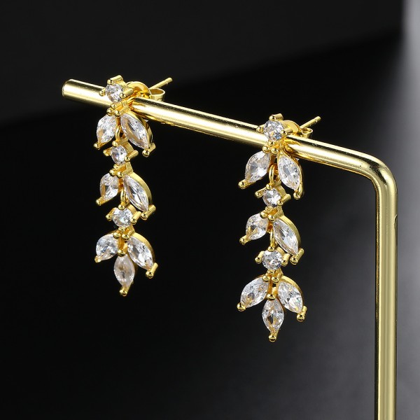 Long Leaf Zircon Drop Earrings for Women - Elegant Bridal Wedding Jewelry