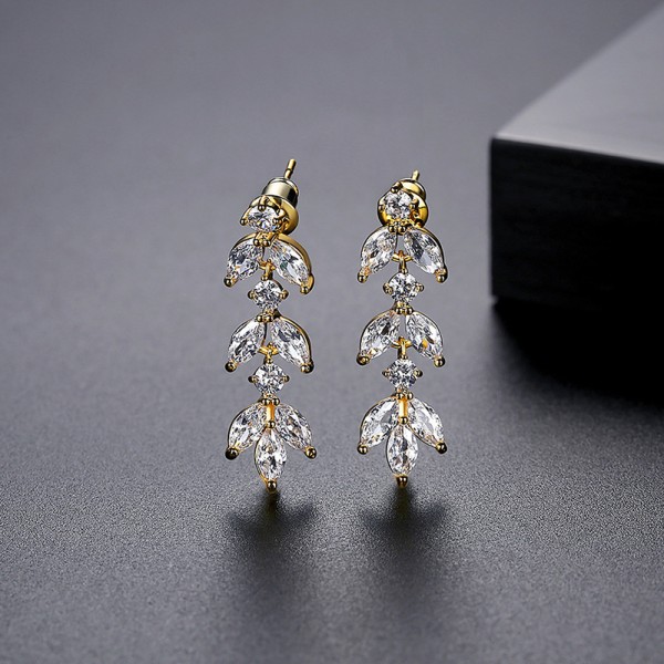 Zircon Leaf Bride Hanging Earrings Gold Color Wedding Jewelry