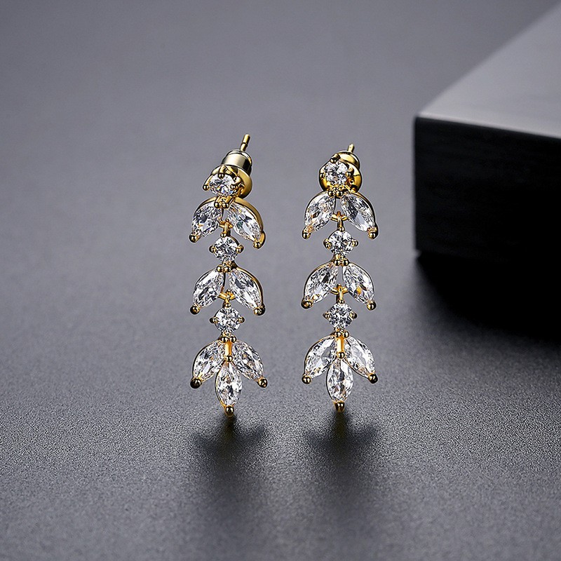 Zircon Leaf Bride Hanging Earrings Gold Color Wedding Jewelry