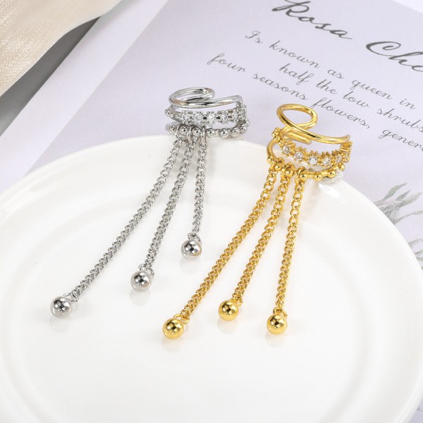 Korean Style Tassel Ear Clip Fake Piercing Earrings with Zircon for Women