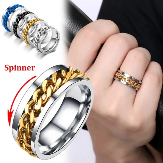 Men's Titanium Steel Anxiety Spinner Ring, Cuban Chain Punk Fidget Band