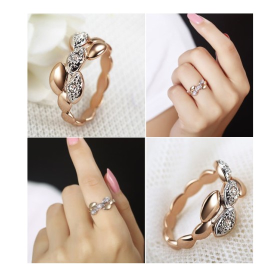 Leaf Shape Crystal Ring for Women Rose Gold Elegant Party Jewelry