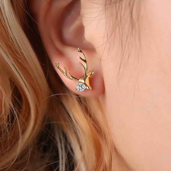 Vintage Gold Tone Elk Deer Stud Earrings with Zirconia Accents