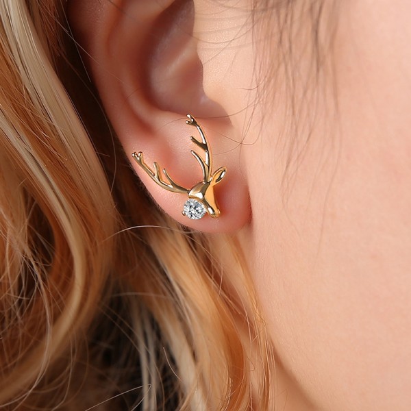 Vintage Gold Tone Elk Deer Stud Earrings with Zirconia Accents