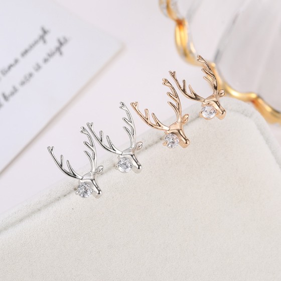 Vintage Gold Tone Elk Deer Stud Earrings with Zirconia Accents
