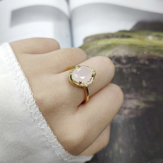 Oval Pink CZ Statement Ring in Light Gold for Women