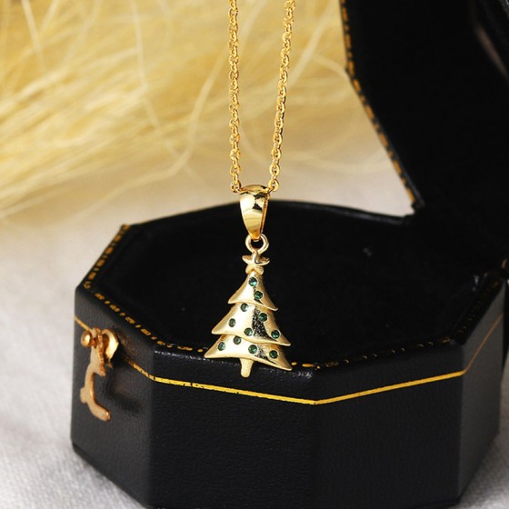 Green Crystal Christmas Tree Pendant Necklace for Women