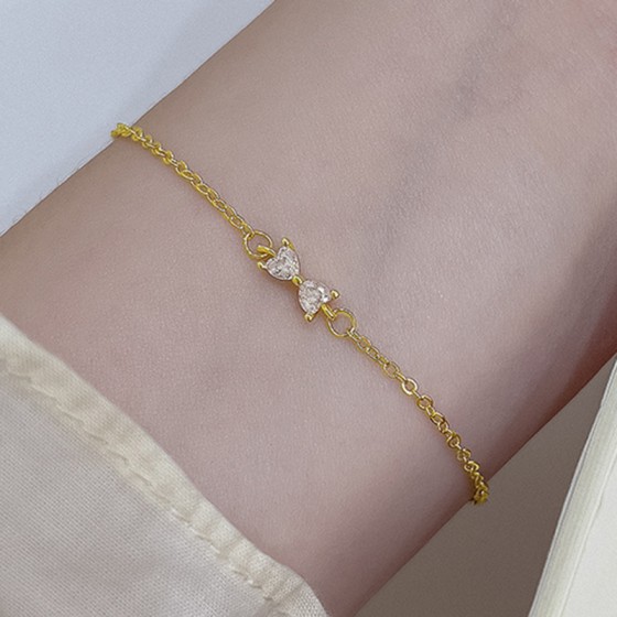 Crystal Bowknot Charm Bracelet for Women Gold Heart Zircon Jewelry