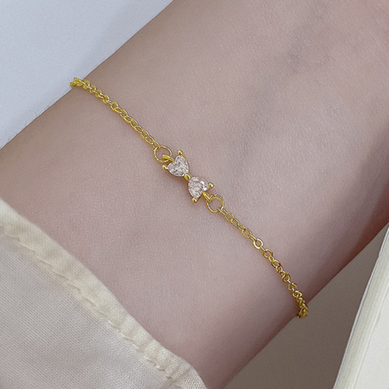 Crystal Bowknot Charm Bracelet for Women Gold Heart Zircon Jewelry