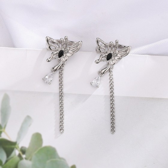 Gothic Butterfly Clip-On Earrings with Black Crystal Waterdrop Tassel