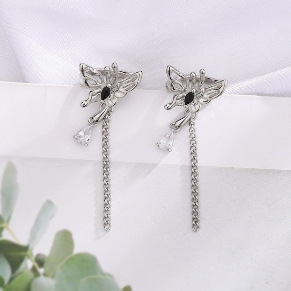 Gothic Butterfly Clip-On Earrings with Black Crystal Waterdrop Tassel