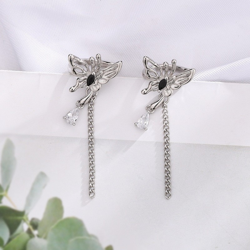 Gothic Butterfly Clip-On Earrings with Black Crystal Waterdrop Tassel
